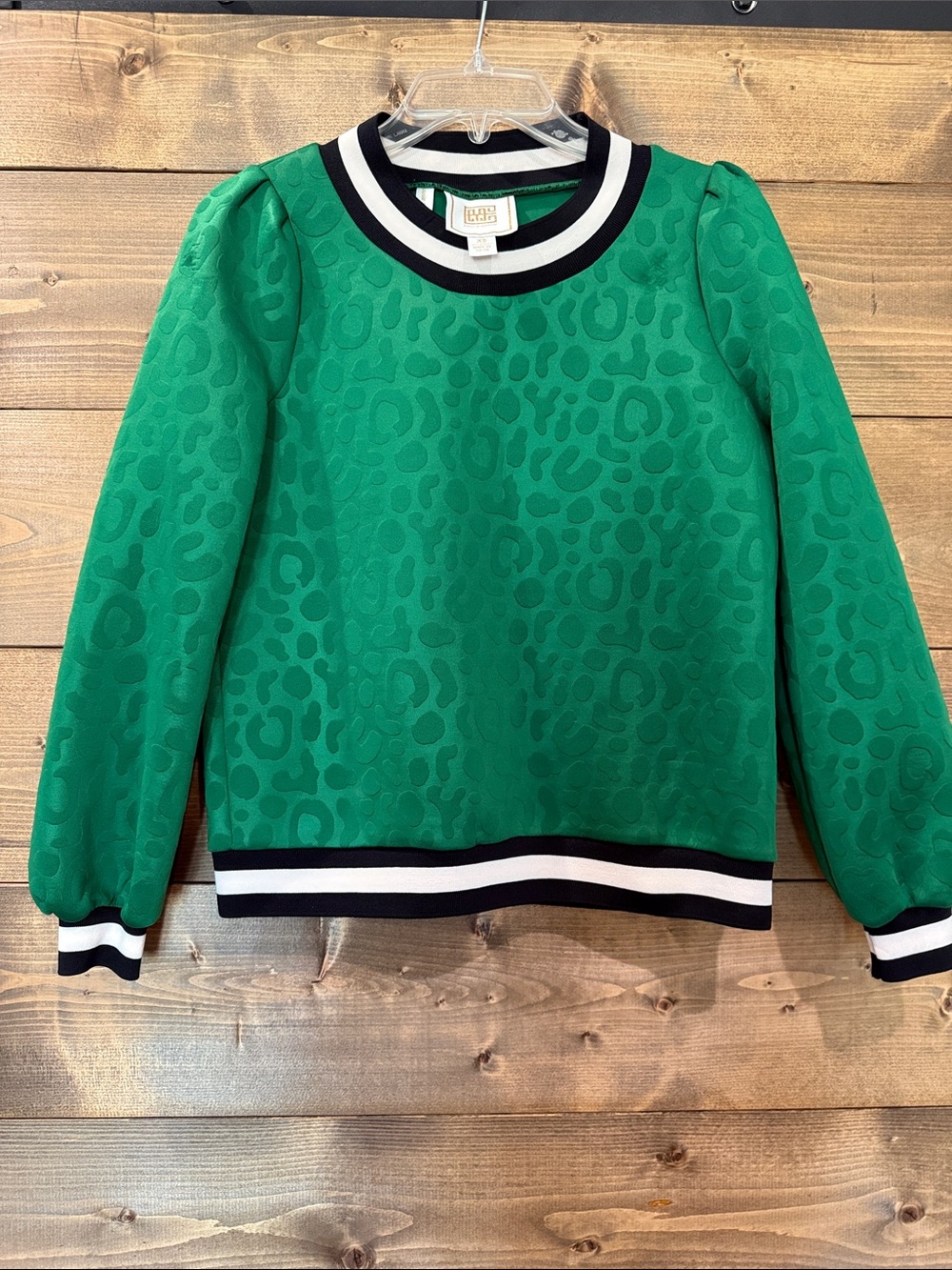 Emily McCarthy Green Leopard-Jacquard Crewneck Sweater with Contrast Trim